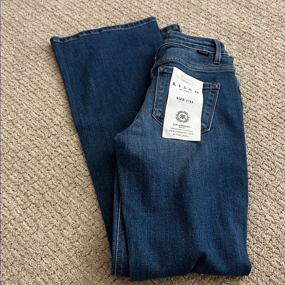 Risen Jeans Dark Wash Flares with Light Distressing NWT size 1 - Picture 3 of 4
